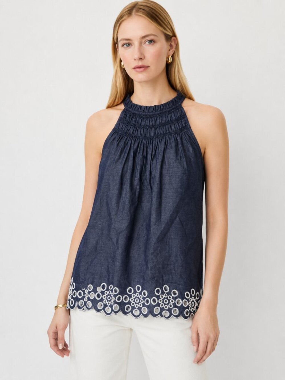 Ann Taylor Smocked Neck Halter Top Indigo Blue Eyelet Cotton Size S NWT
